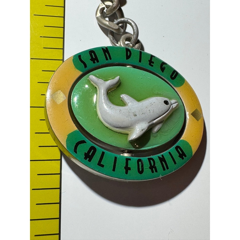 Vintage San Diego California Dolphin Spinner Keychain Green Yellow Souvenir